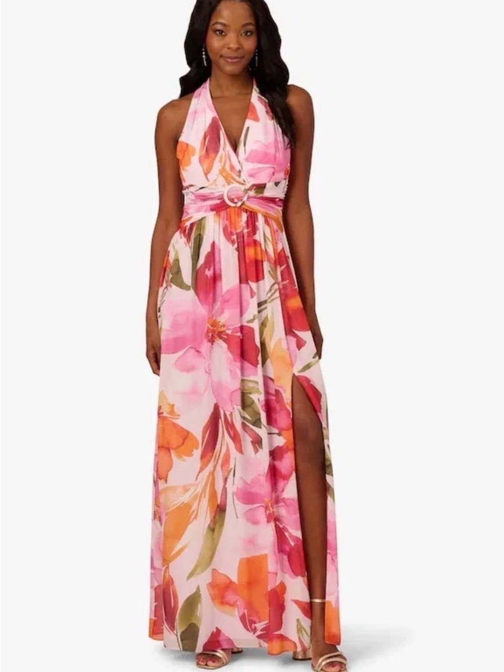 Adrienne Vittadini Pink Floral Halter Maxi Dress with Waist Ring